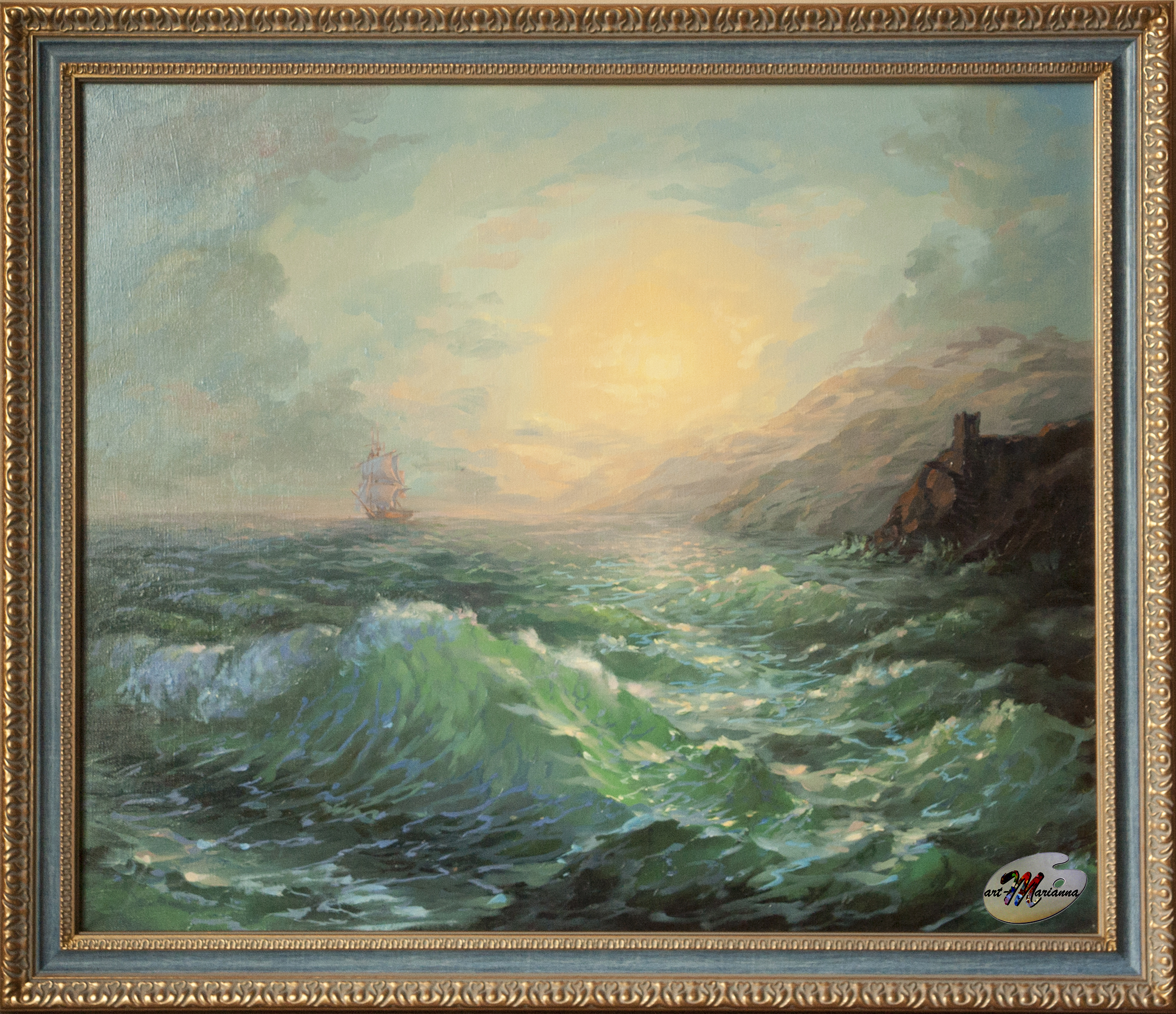 Картина "Закат" выполнена по мотивам произведений Айвазовского.