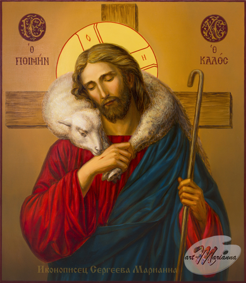 Рукописная икона Спасителя Добрый пастырь написана в иконописной мастерской.