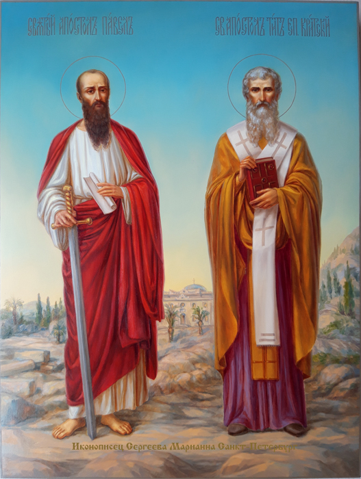 именная рукописная икона святой Павел и святой Тит Критский выполнена на заказ