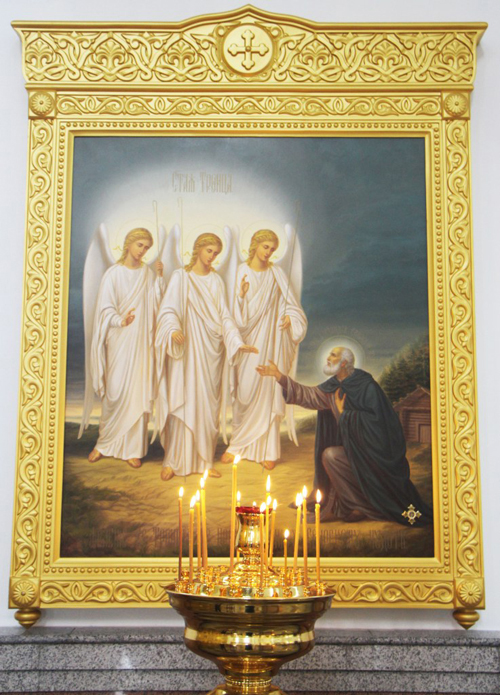 Рукописная икона явление святой Троицы святому преподобному Александру Свирскому 