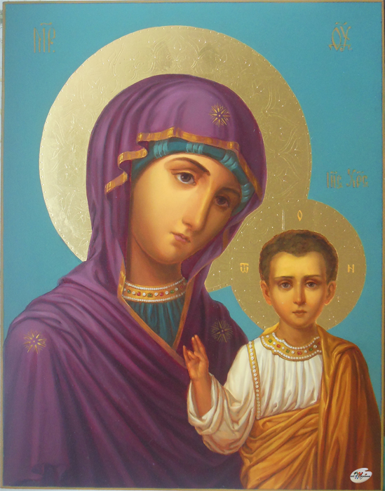 Рукописная икона на заказ Пресвятая Богородица Казанская покровительница православных христиан.