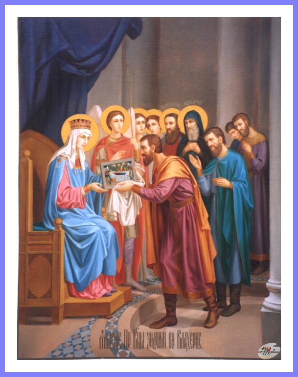 Икона ручной работы Богородица с зодчими Киево-Печерской лавры написана художником иконописцем Сергеевой более двадцати лет назад.