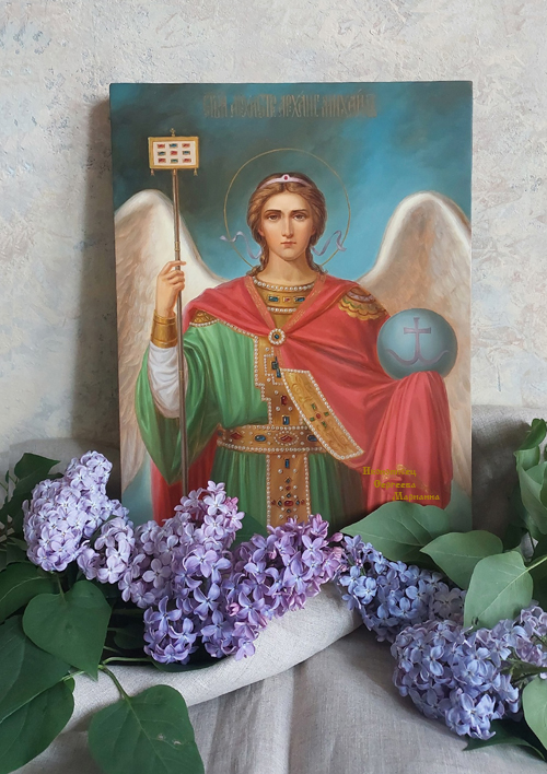 Именная рукописная икона святой Архангел Михаил. Иконописец Сергеева Марианна.