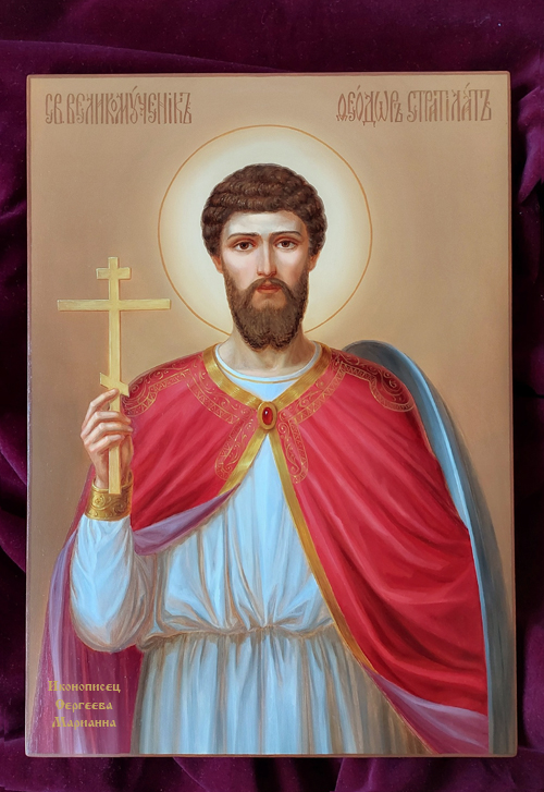 Рукописная именная икона святой Феодор стратилат написана на заказ в академическом стиле. Иконописец Сергеева Марианна