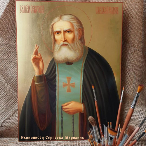 Рукописная икона святой преподобный Серафим Саровский чудотворец на заказ в иконописной мастерской 